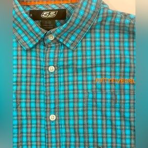 55 DSL deep turquoise and grey checkered short sleeve button down shirt size XXL